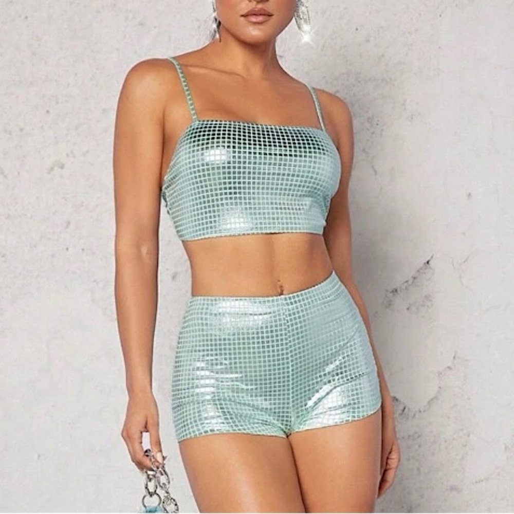 Metallic Mint Checkered Top & Shorts Set